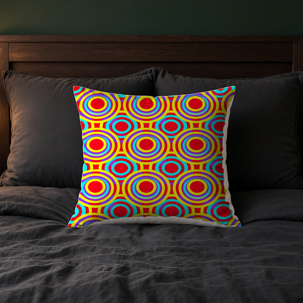 Interlocking Ring Ripples Faux Suede Cushion on a bed with charcoal bedding