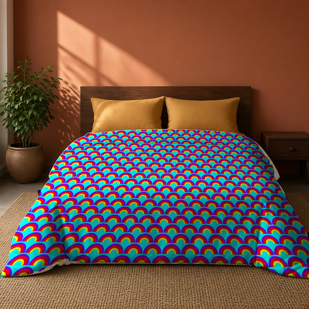 Chromatic Scallop Ripple Comforter on a king bed against a warm terracotta wall