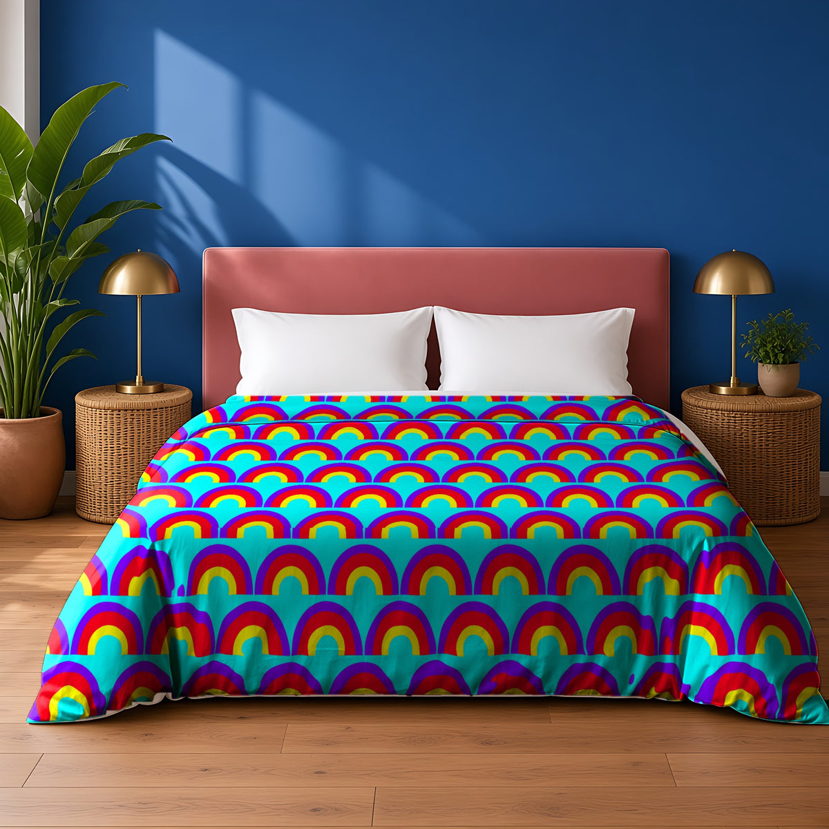 Chromatic Scallop Ripple cotton duvet cover in the Chromatic Ripple palette, on a bed with a dusty-pink headboard against a cobalt wall