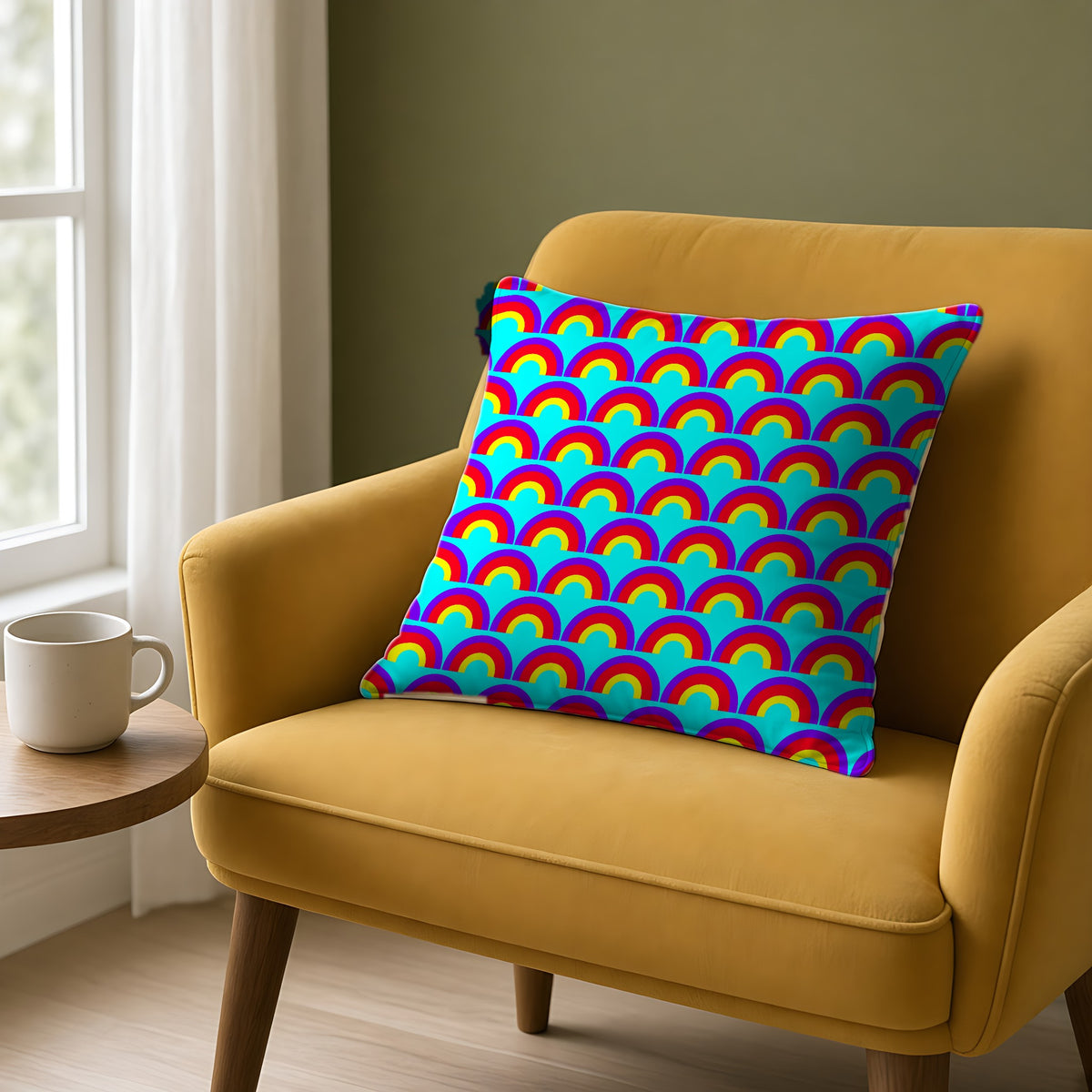 Chromatic Scallop Ripple Faux Suede Cushion on a mustard armchair by a window