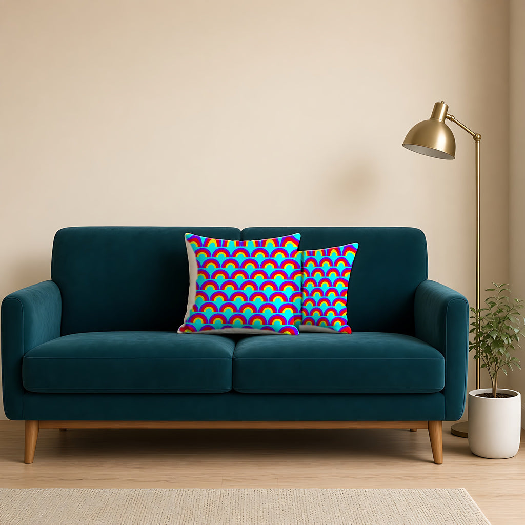 Chromatic Scallop Ripple Faux Suede Cushion on a teal velvet sofa