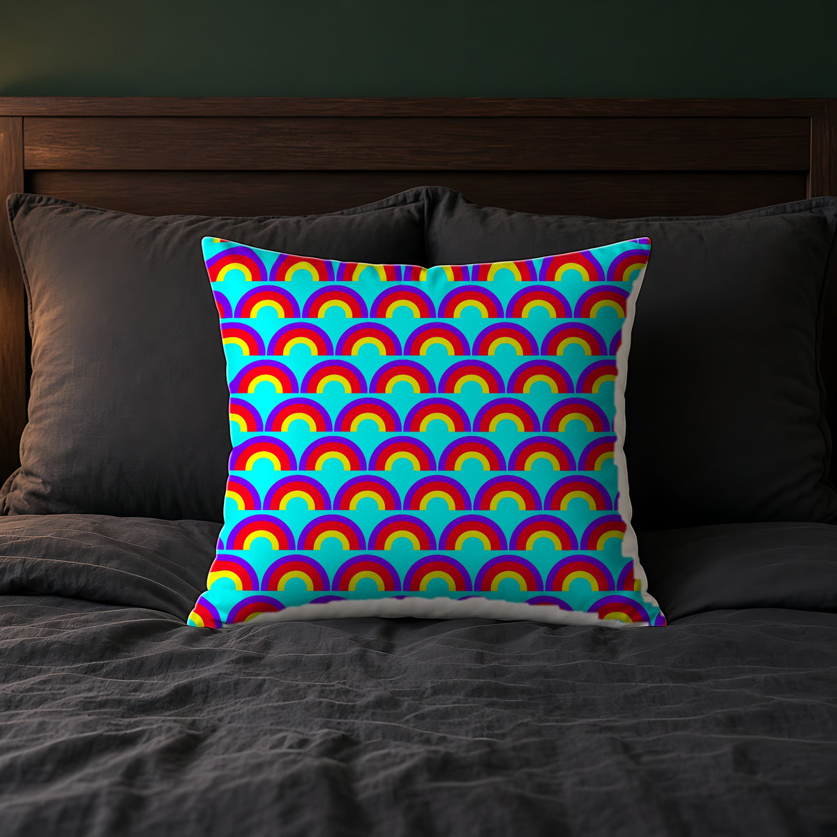 Chromatic Scallop Ripple Faux Suede Cushion on a bed with charcoal bedding