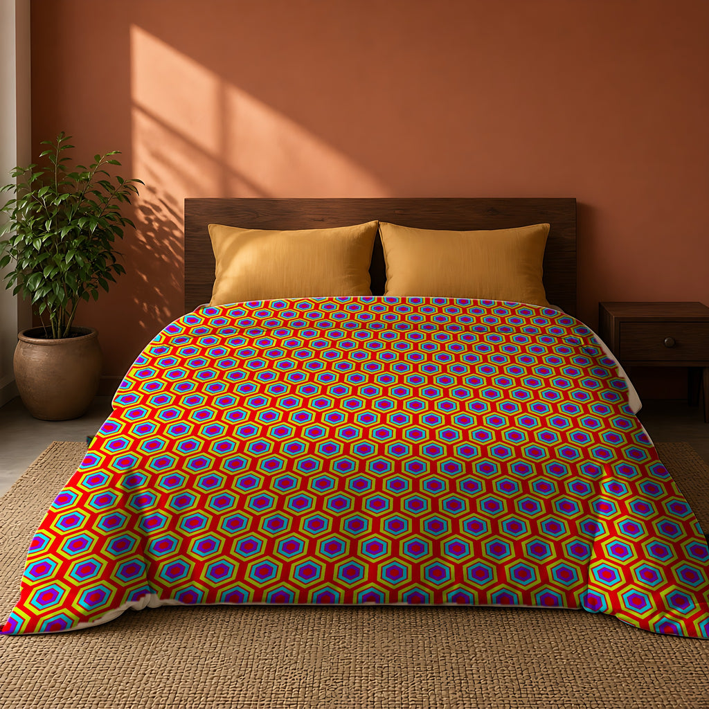 Concentric Hexagon Ripple Comforter on a king bed against a warm terracotta wall