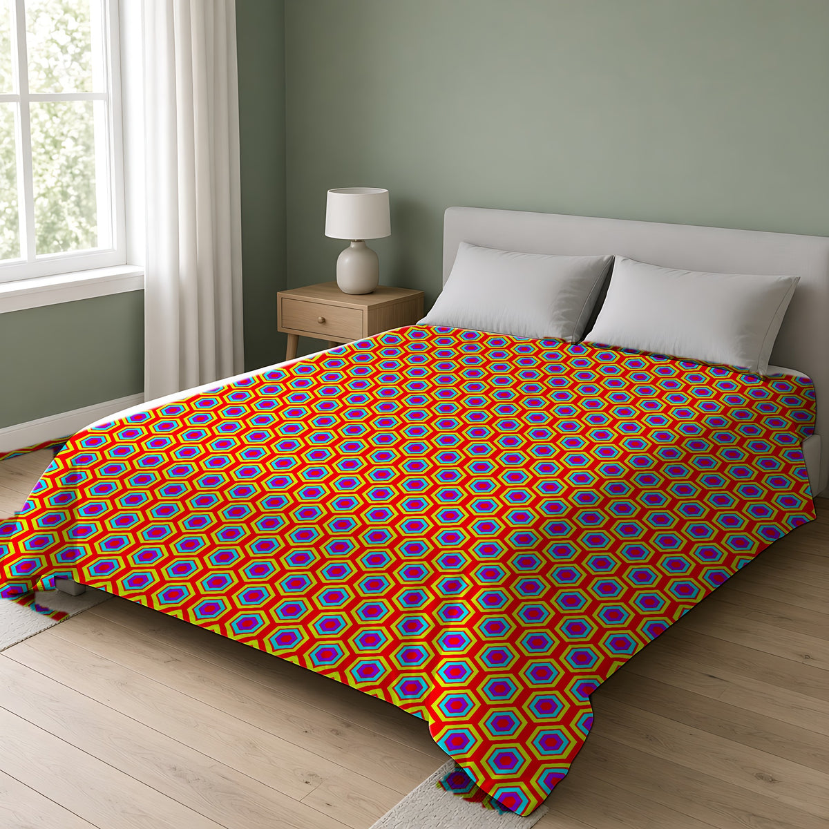 Concentric Hexagon Ripple Cotton Duvet Cover on a double bed in a bright sage-green bedroom