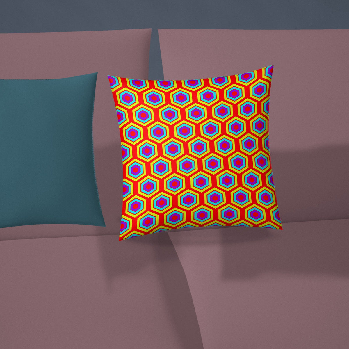 Concentric Hexagon Ripple Faux Suede Cushion styled on a sofa