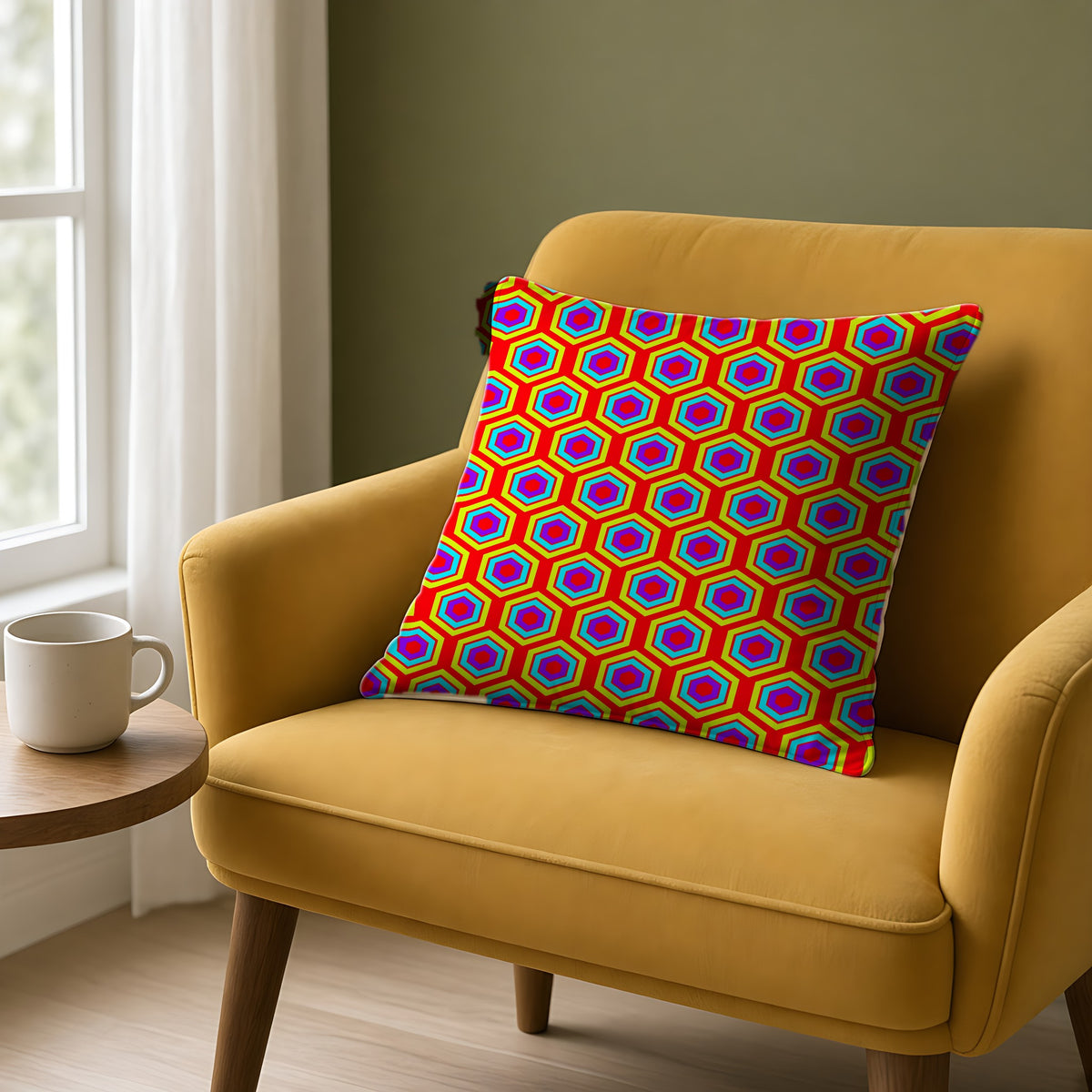 Concentric Hexagon Ripple Faux Suede Cushion on a mustard armchair by a window