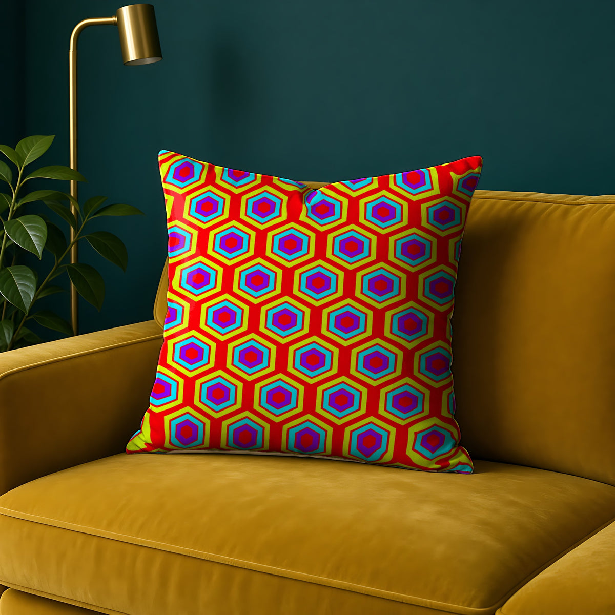 Concentric Hexagon Ripple faux suede cushion in the Chromatic Ripple palette, on a mustard sofa against a teal wall