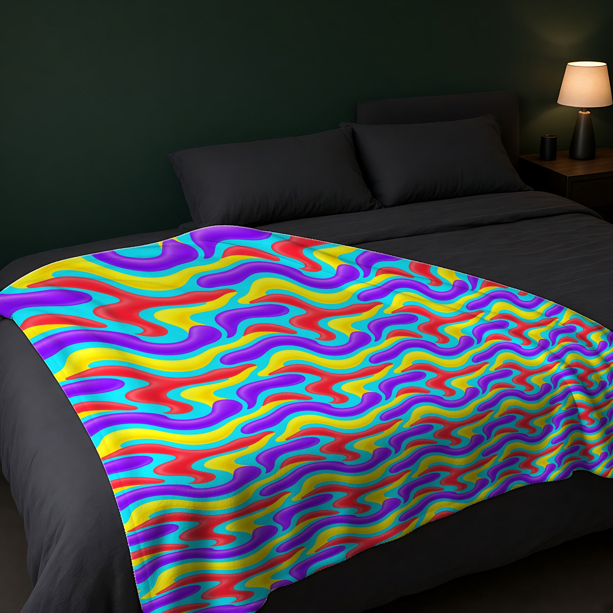 Liquid Band Ripple Sherpa Fleece Blanket across the foot of a dark bed