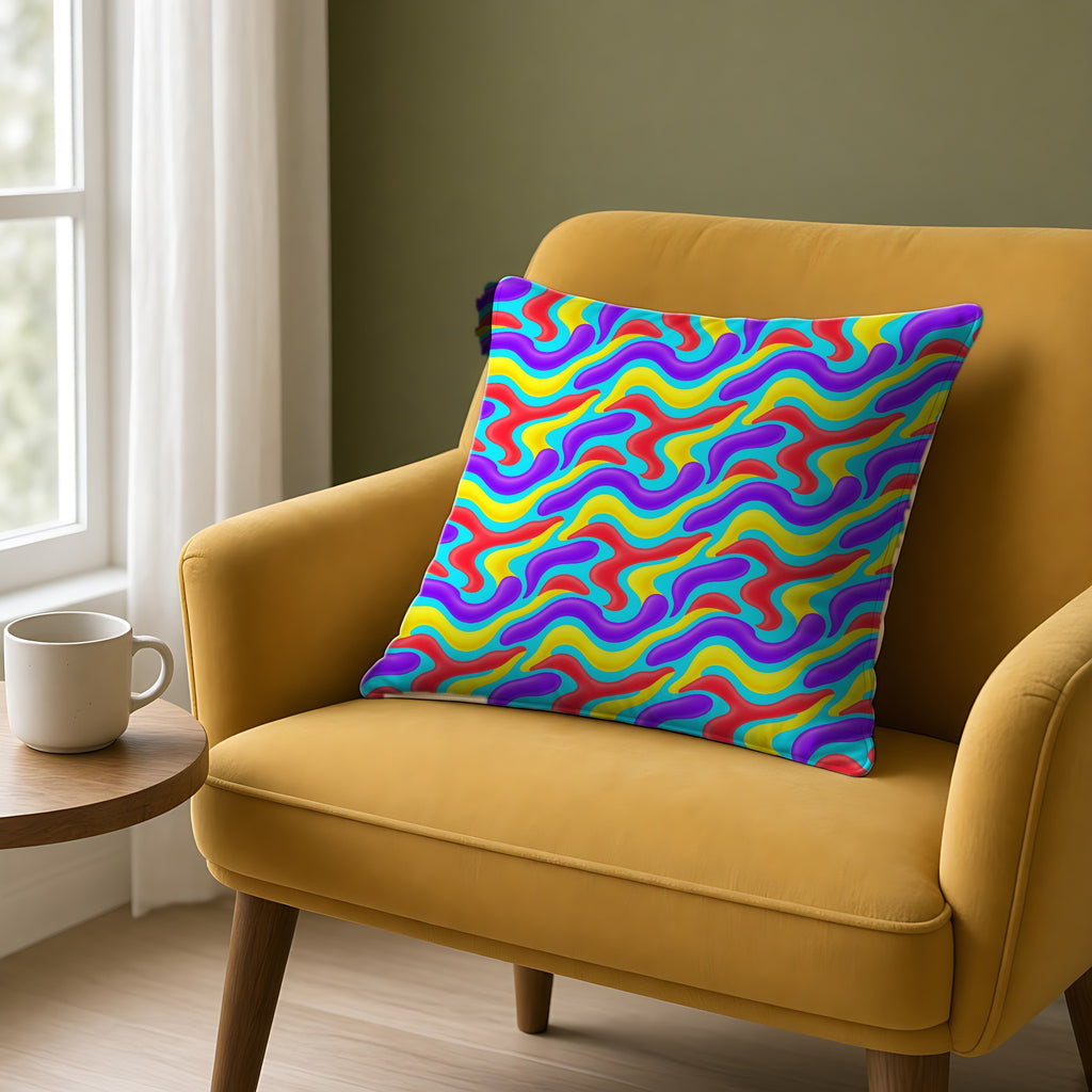 Liquid Band Ripple Faux Suede Cushion on a mustard armchair by a window