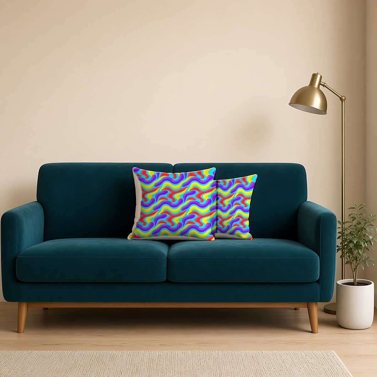 Liquid Band Ripple Faux Suede Cushion on a teal velvet sofa