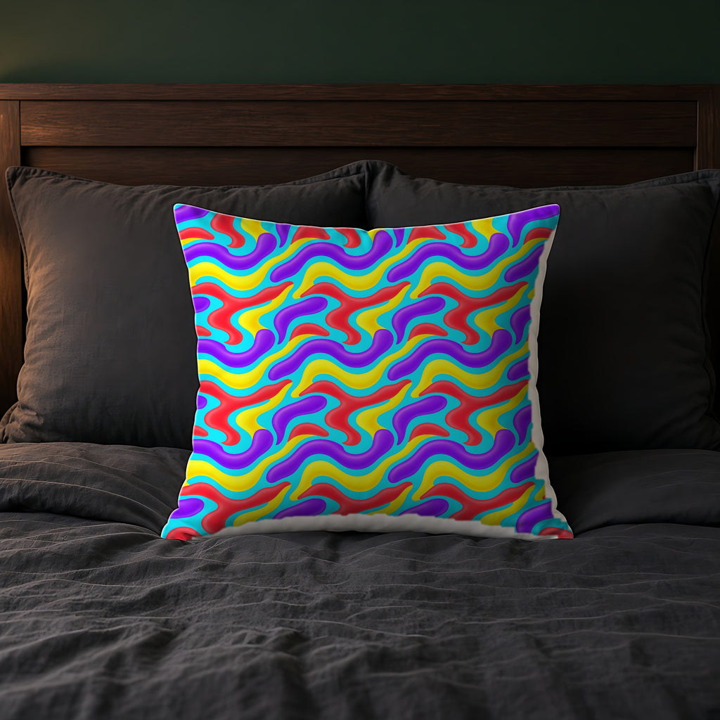 Liquid Band Ripple Faux Suede Cushion on a bed with charcoal bedding
