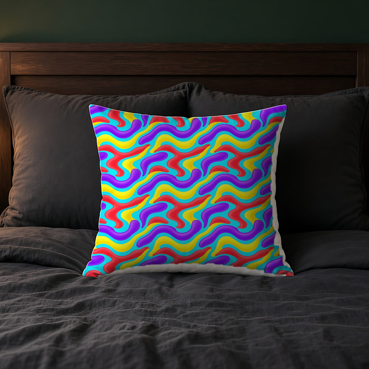 Liquid Band Ripple Faux Suede Cushion on a bed with charcoal bedding