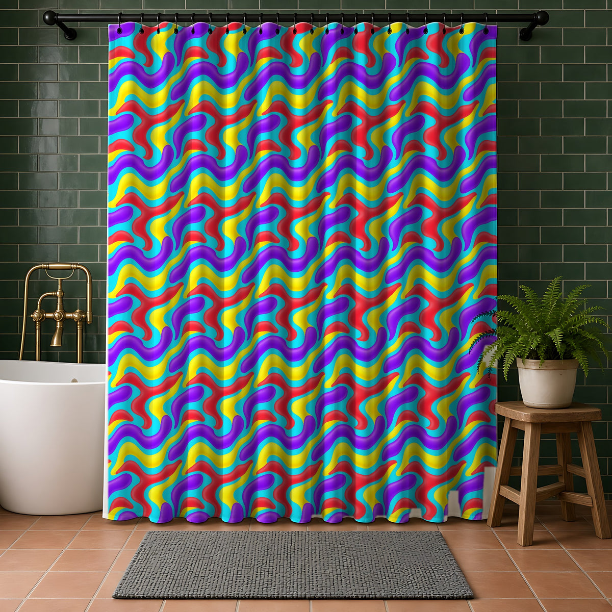 Liquid Band Ripple Shower Curtain in a bathroom with dark green tiles