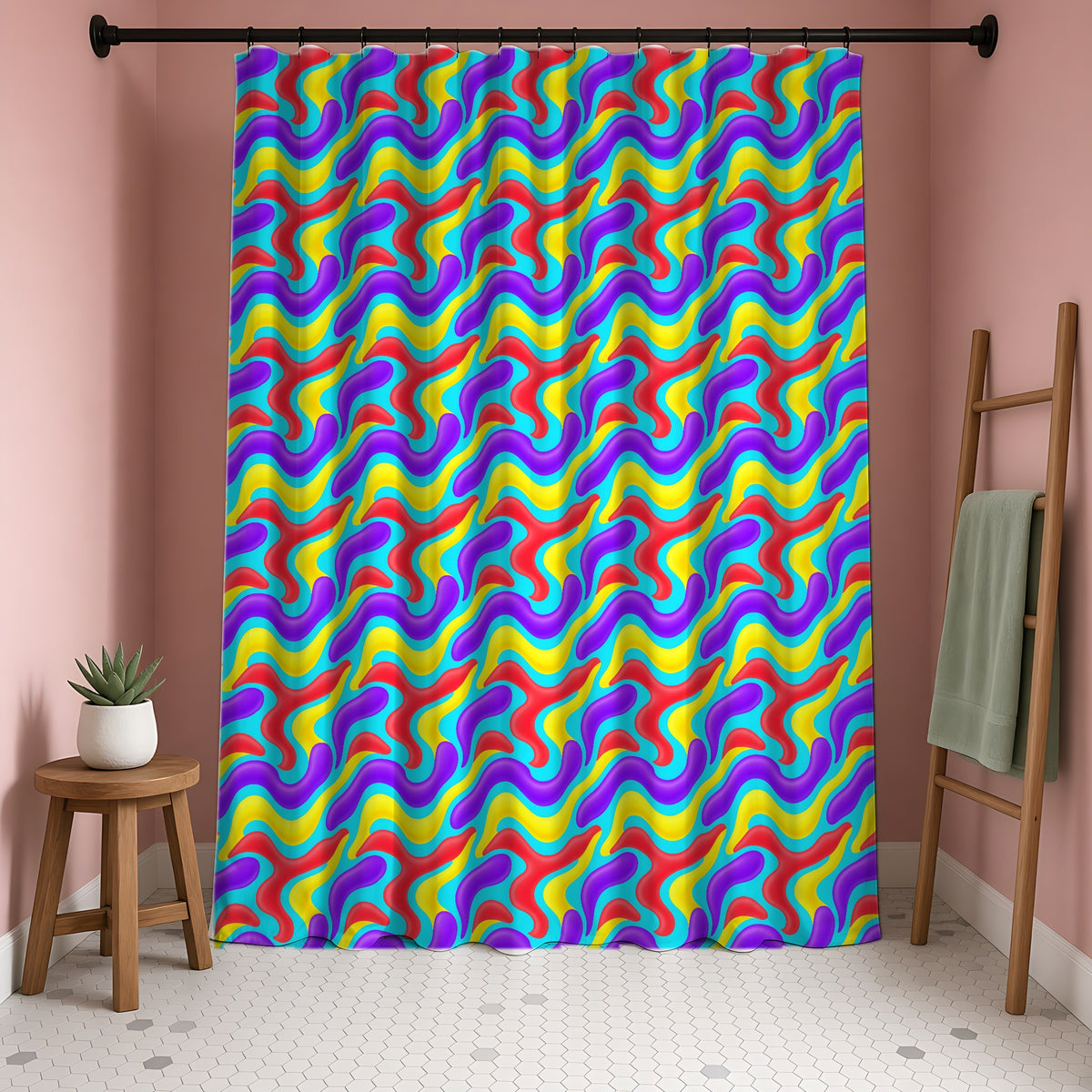 Liquid Band Ripple Shower Curtain in a blush-pink bathroom
