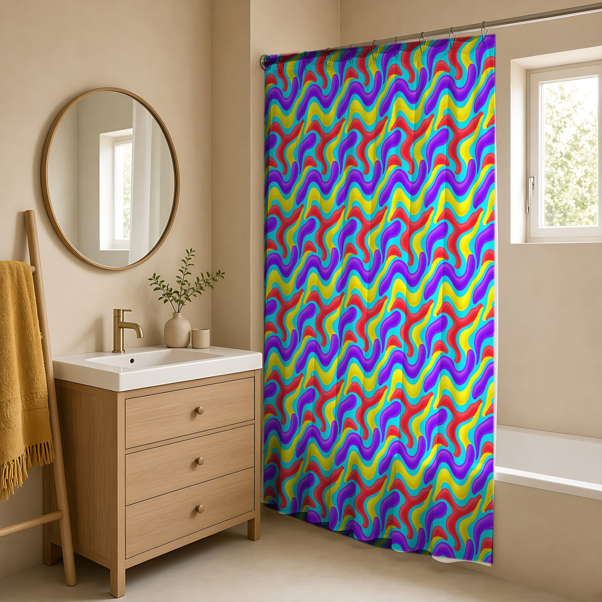 Liquid Band Ripple Shower Curtain in a warm neutral bathroom with an oak vanity