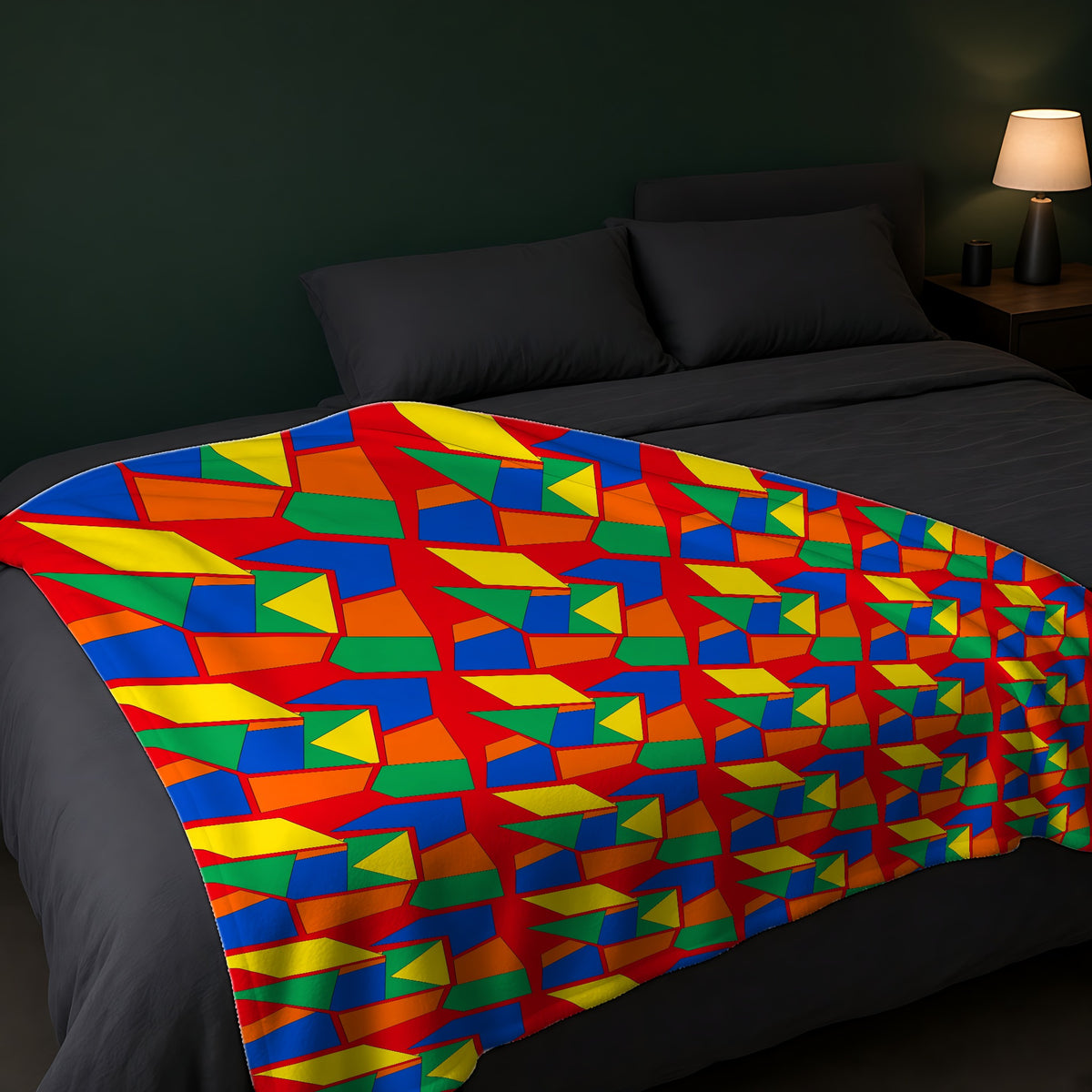 Cubist Block Quilt Sherpa Fleece Blanket across the foot of a dark bed