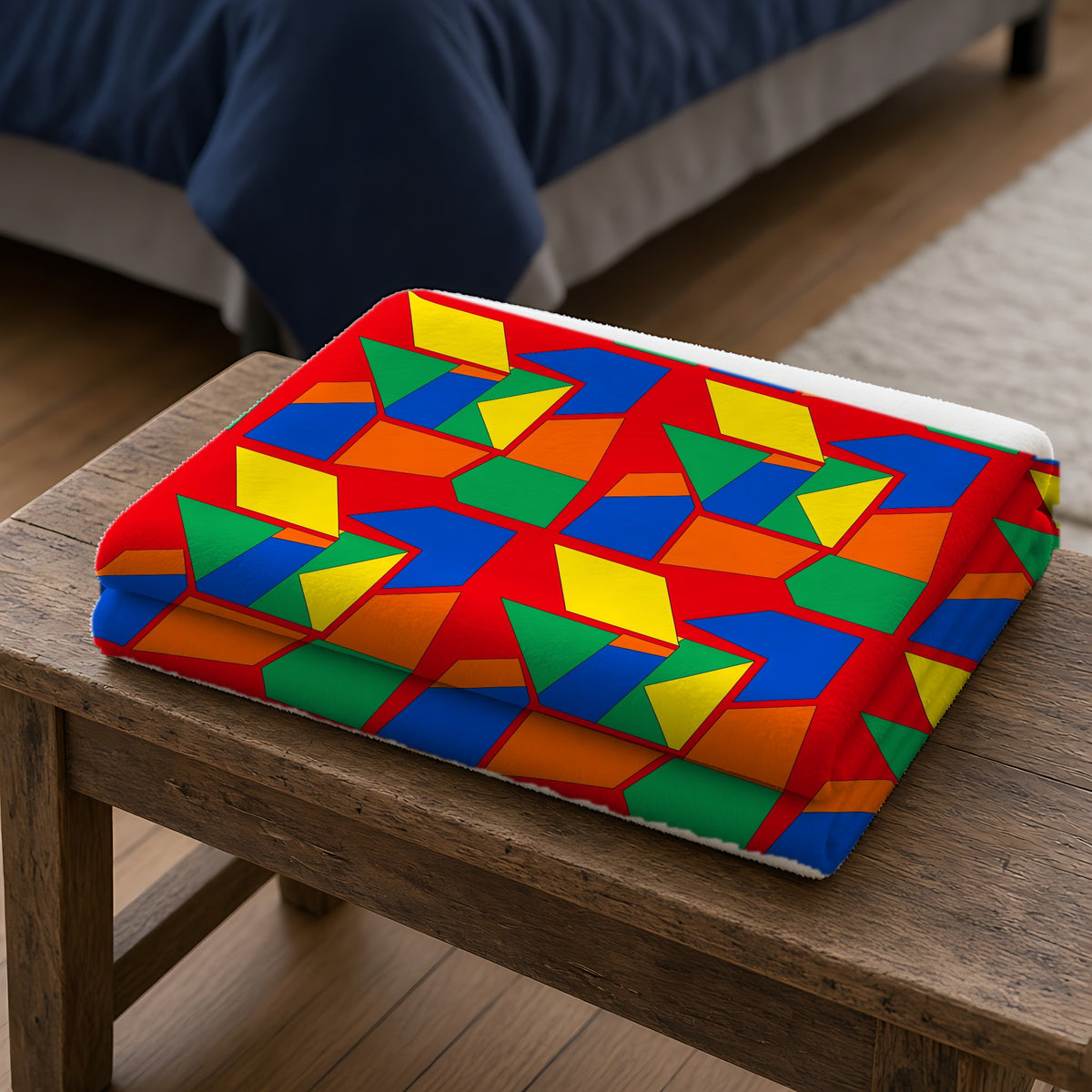 Cubist Block Quilt Sherpa Fleece Blanket folded on a wooden bench