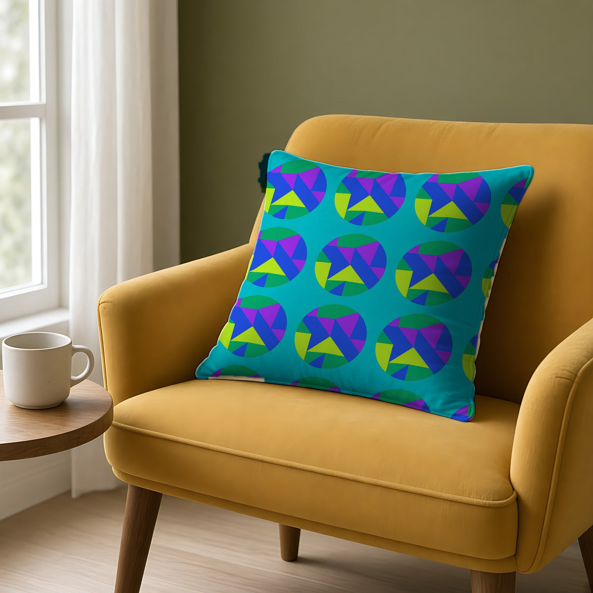 Broken Circle Planes Faux Suede Cushion in Peacock Jewel on a mustard armchair by a window