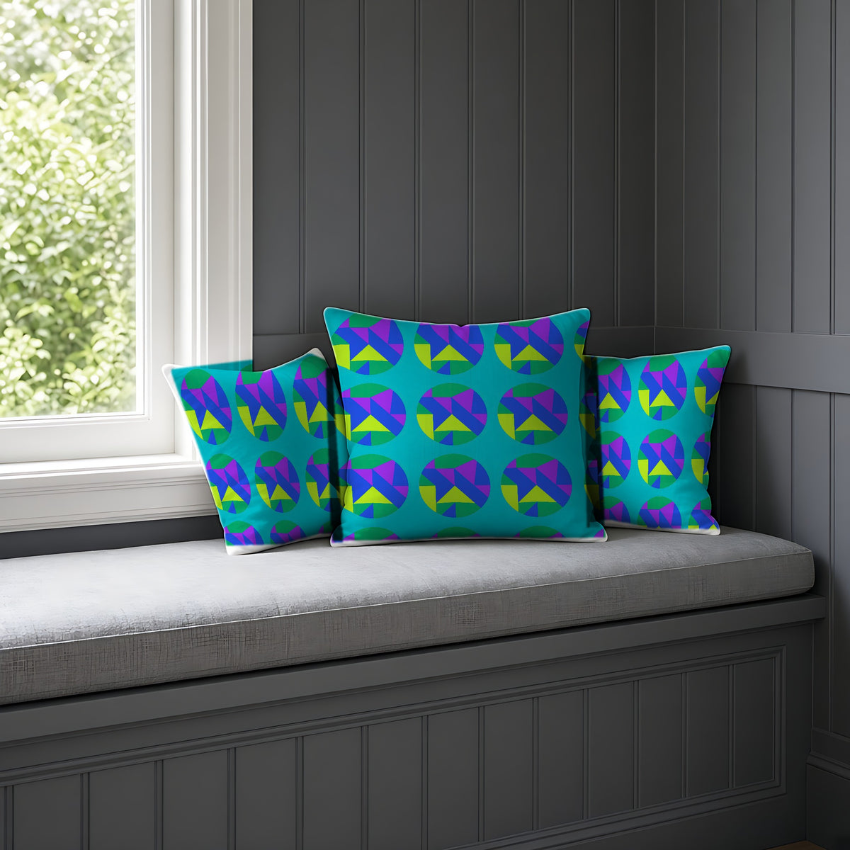 Broken Circle Planes Faux Suede Cushion in Peacock Jewel on a window seat