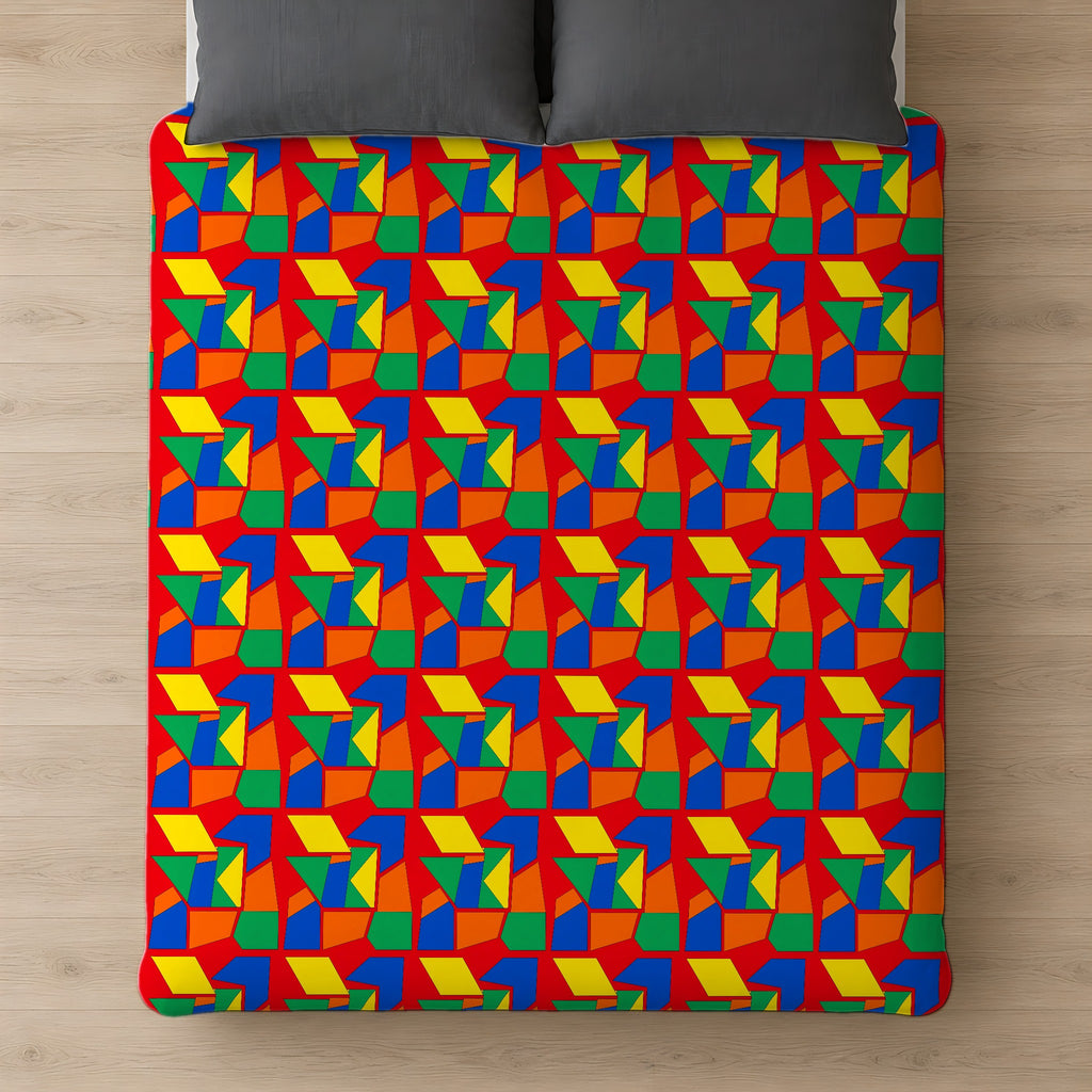 Cubist Block Quilt Cotton Duvet Cover on a bed, seen from above
