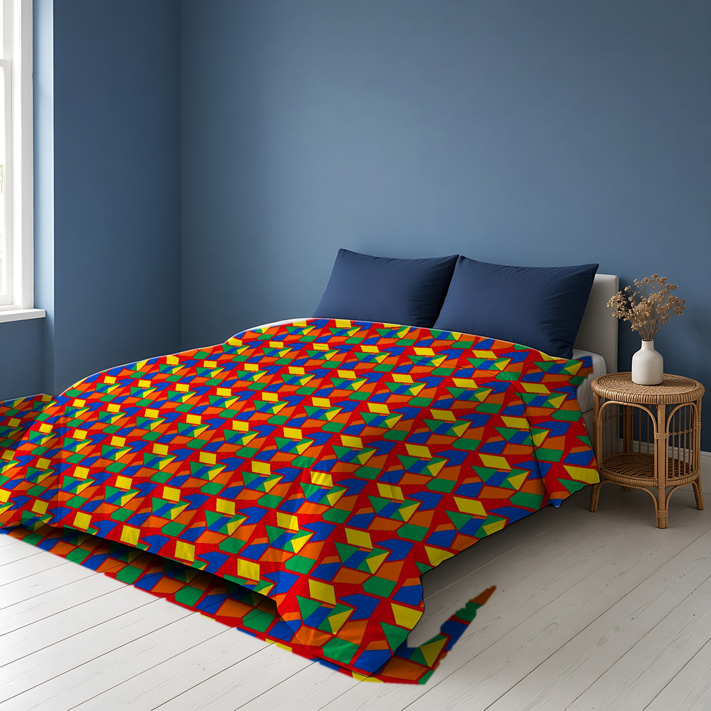 Cubist Block Quilt Cotton Duvet Cover on a bed in a Scandinavian blue bedroom
