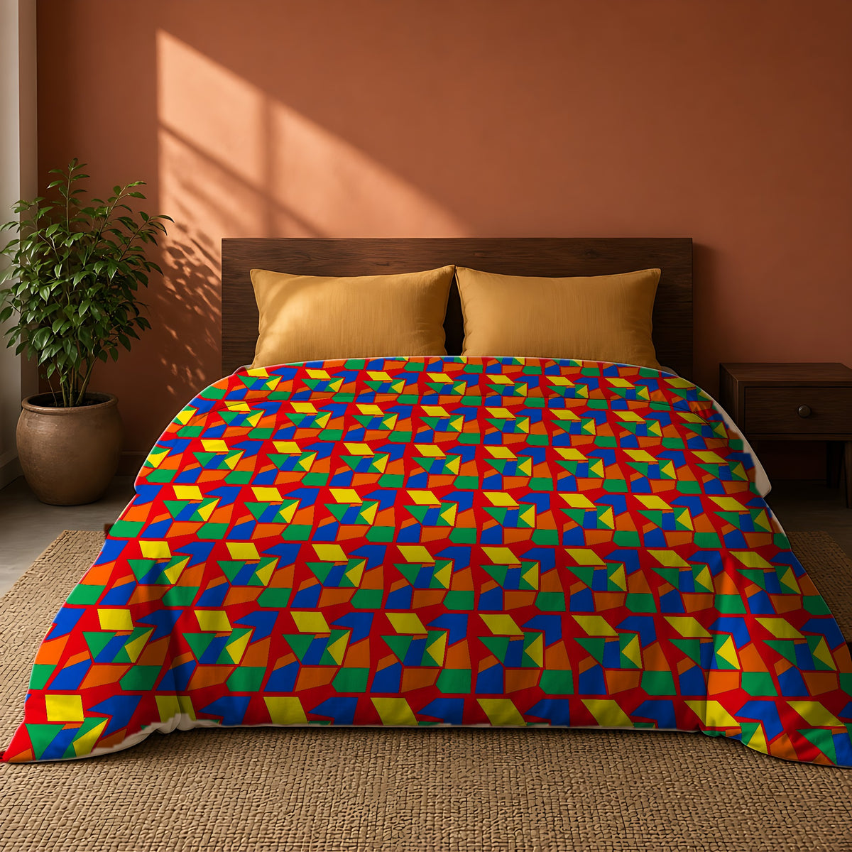 Cubist Block Quilt Cotton Duvet Cover on a king bed against a warm terracotta wall