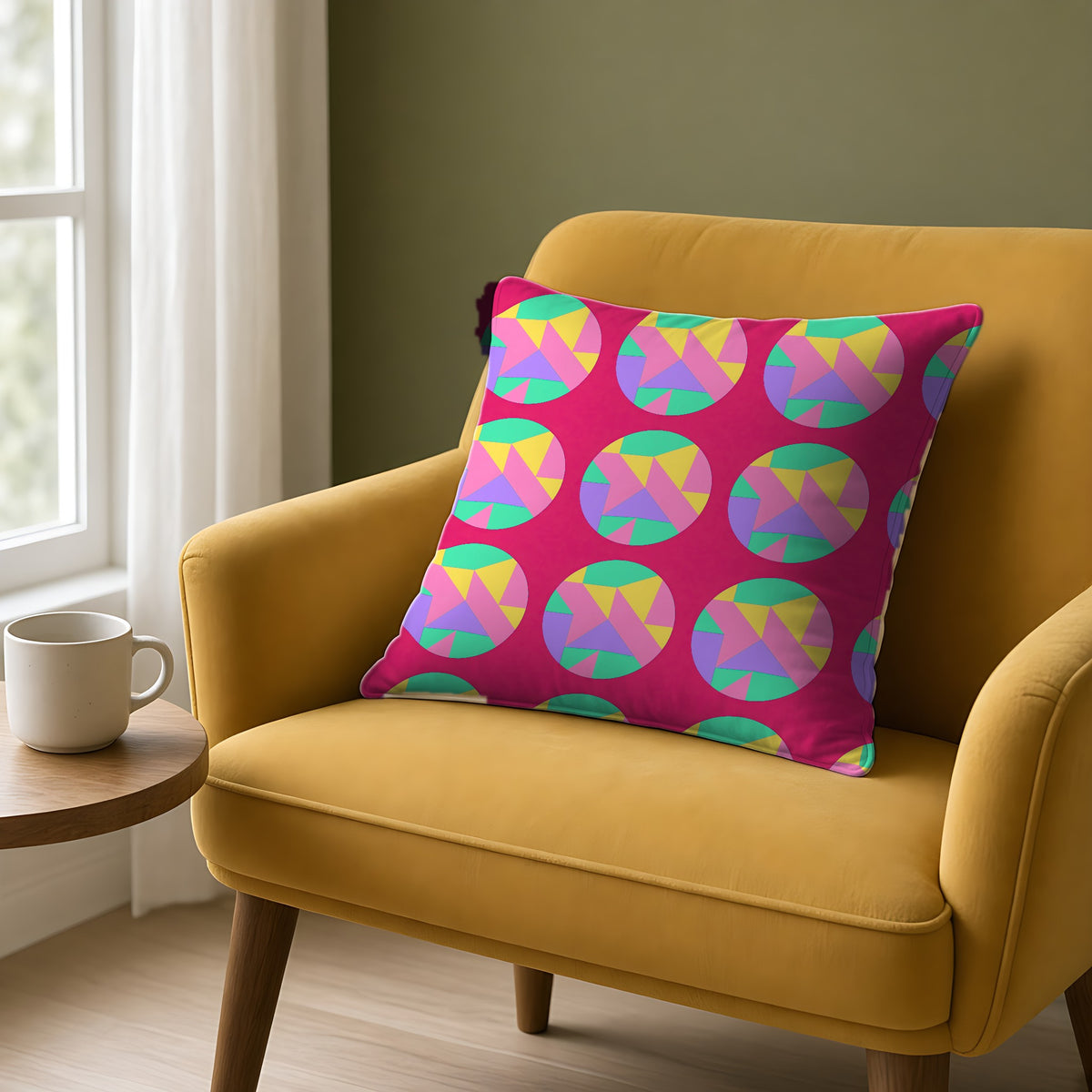 Broken Circle Planes Faux Suede Cushion in Candy Pop on Raspberry on a mustard armchair by a window
