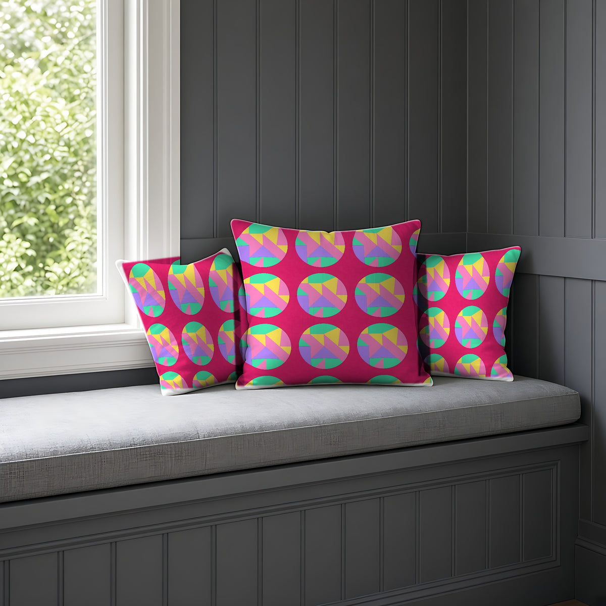 Broken Circle Planes Faux Suede Cushion in Candy Pop on Raspberry on a window seat