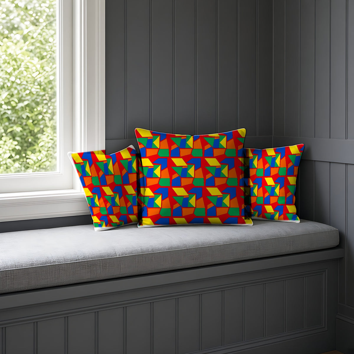 Cubist Block Quilt Faux Suede Cushion on a window seat
