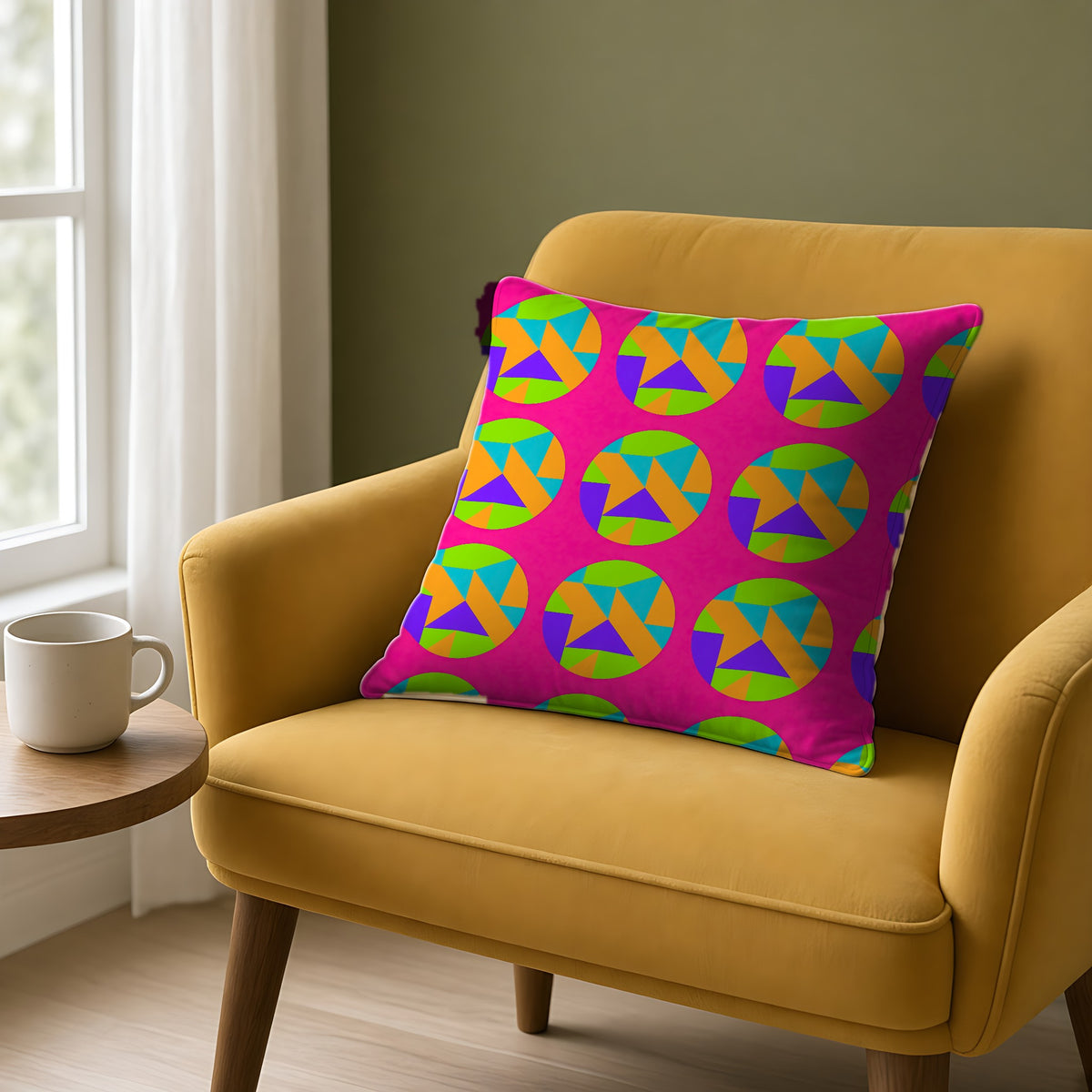 Broken Circle Planes Faux Suede Cushion in Tropical Punch on a mustard armchair by a window