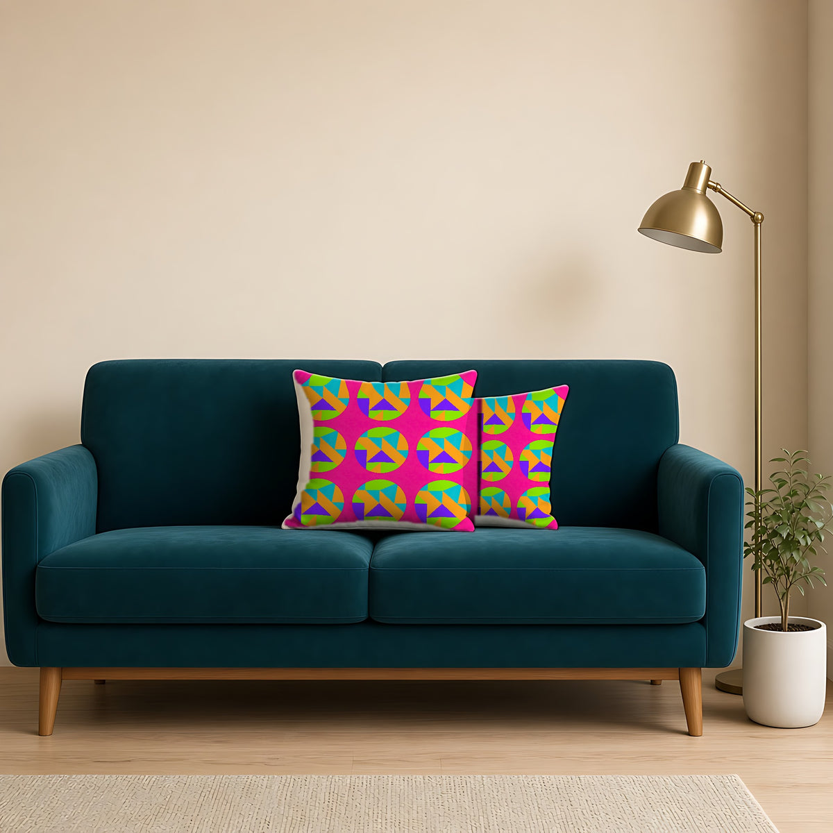 Broken Circle Planes Faux Suede Cushion in Tropical Punch on a teal velvet sofa
