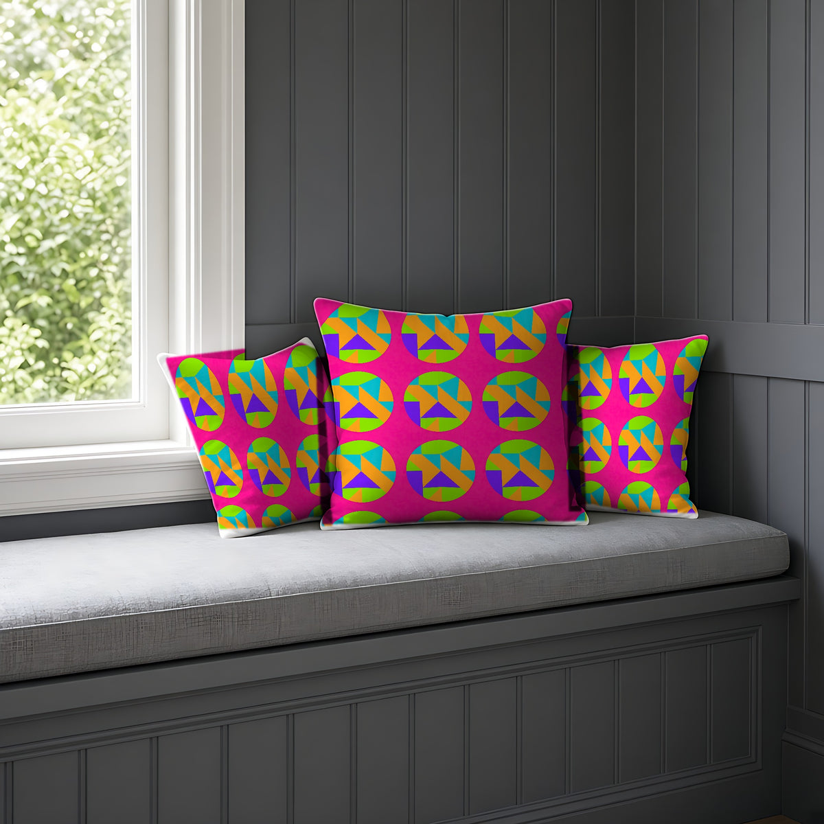 Broken Circle Planes Faux Suede Cushion in Tropical Punch on a window seat