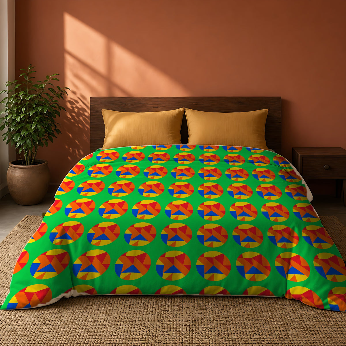 Broken Circle Planes Comforter on a king bed against a warm terracotta wall