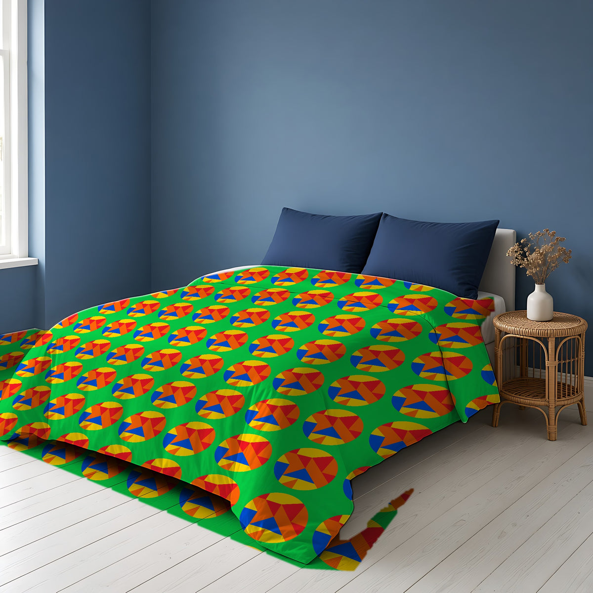 Broken Circle Planes Comforter on a bed in a Scandinavian blue bedroom