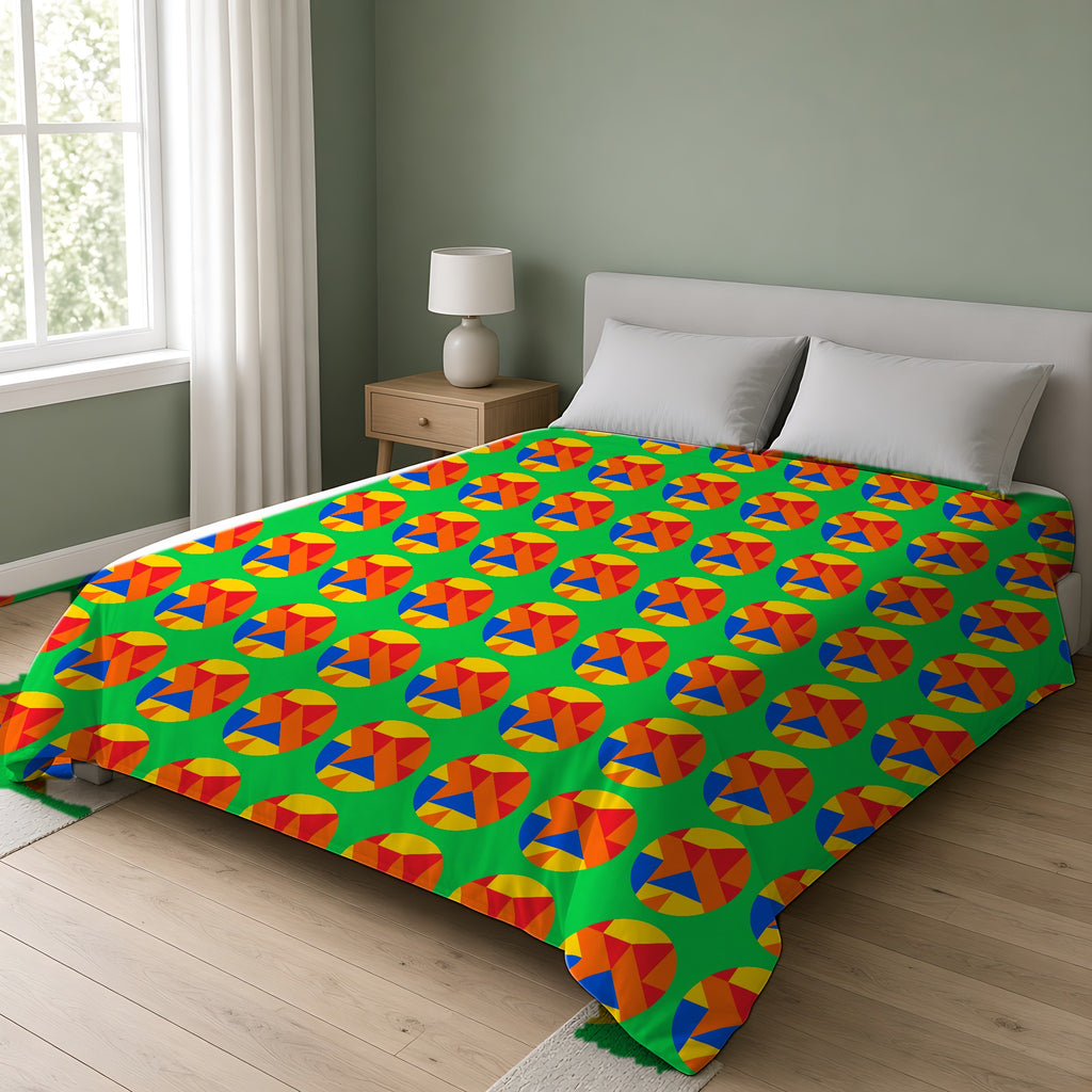 Broken Circle Planes Cotton Duvet Cover on a double bed in a bright sage-green bedroom