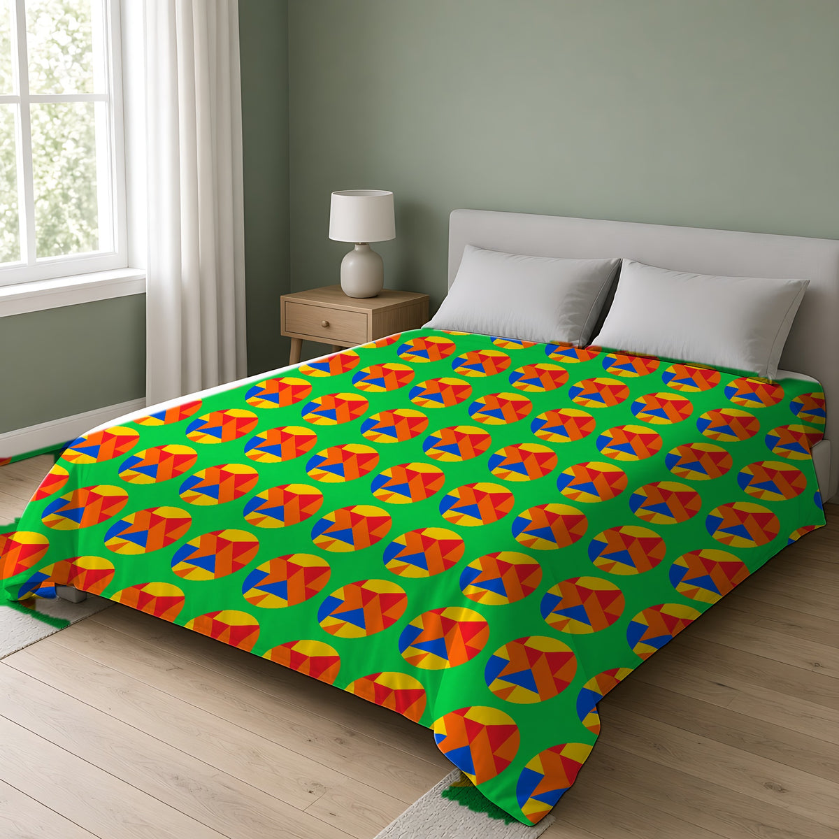 Broken Circle Planes Cotton Duvet Cover on a double bed in a bright sage-green bedroom