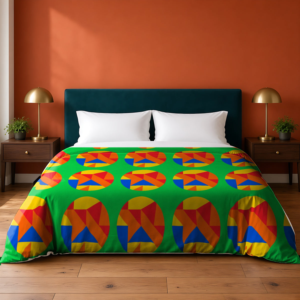 Broken Circle Planes cotton duvet cover in the Cubist Carnival palette, on a bed with a teal headboard against a terracotta wall