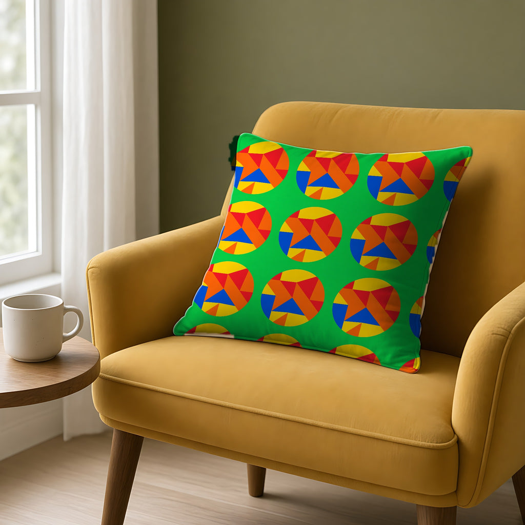 Broken Circle Planes Faux Suede Cushion on a mustard armchair by a window
