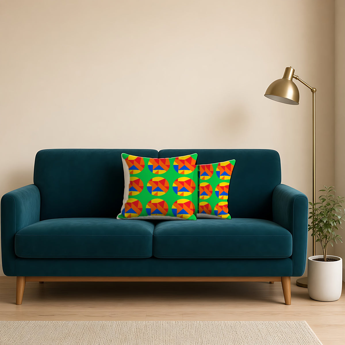 Broken Circle Planes Faux Suede Cushion on a teal velvet sofa