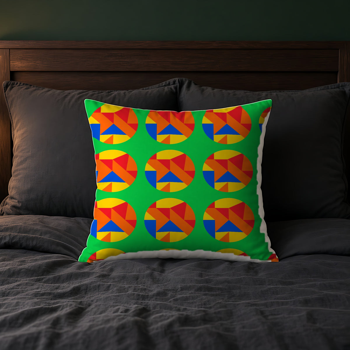 Broken Circle Planes Faux Suede Cushion on a bed with charcoal bedding