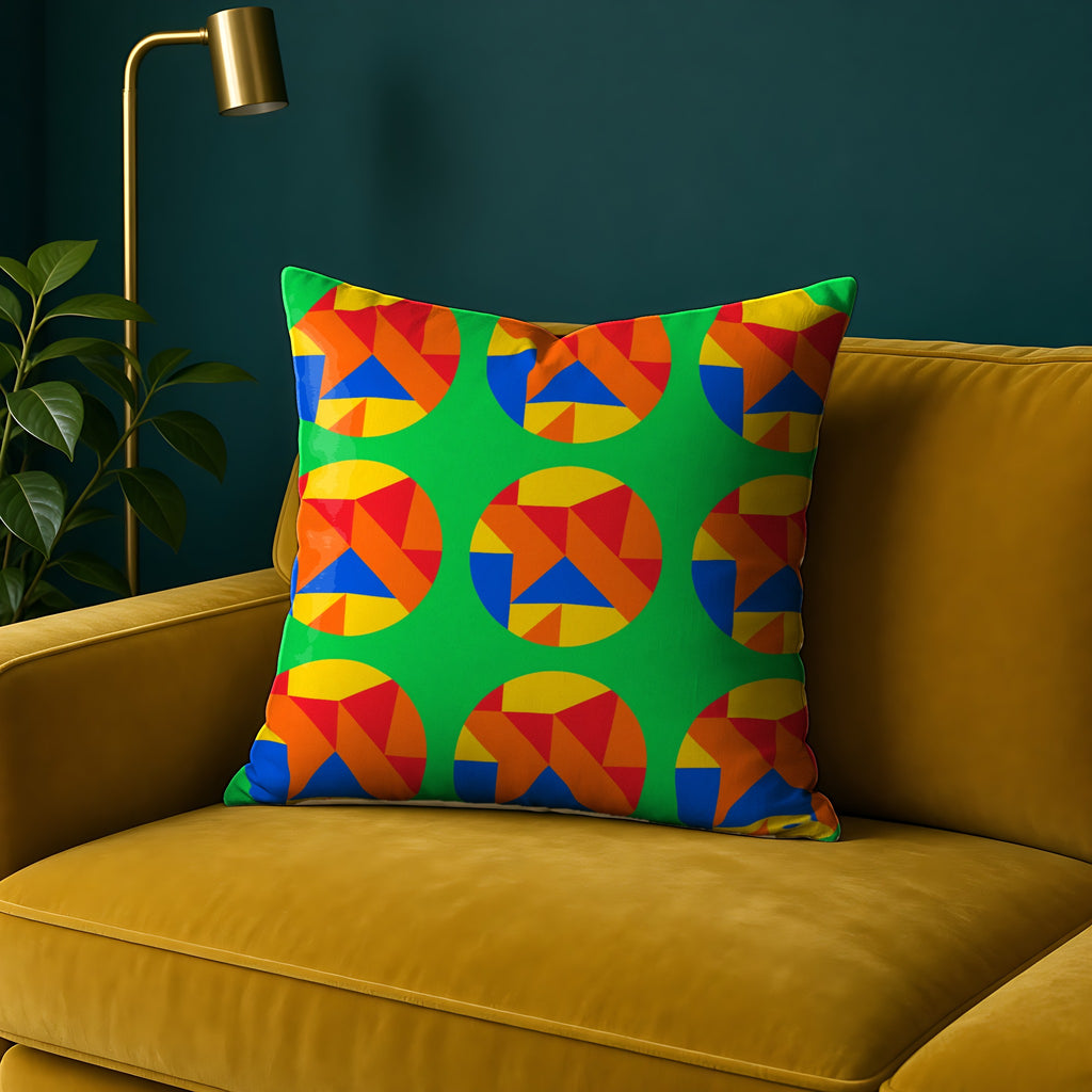 Broken Circle Planes faux suede cushion in the Cubist Carnival palette, on a mustard sofa against a teal wall