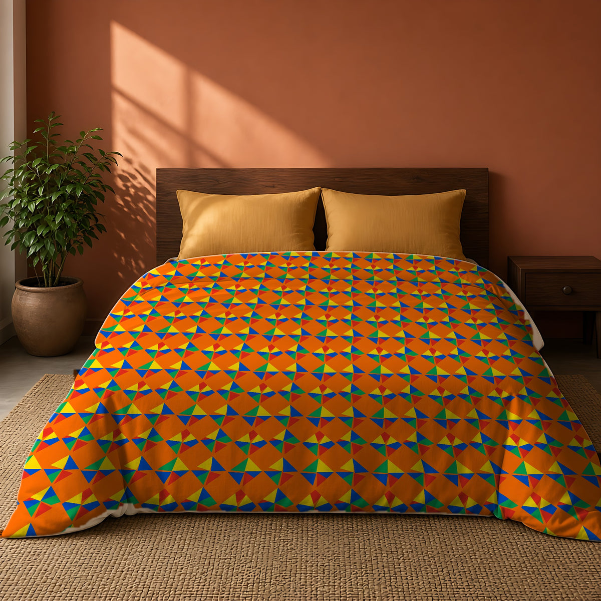 Stacked Cubist Prisms Comforter on a king bed against a warm terracotta wall