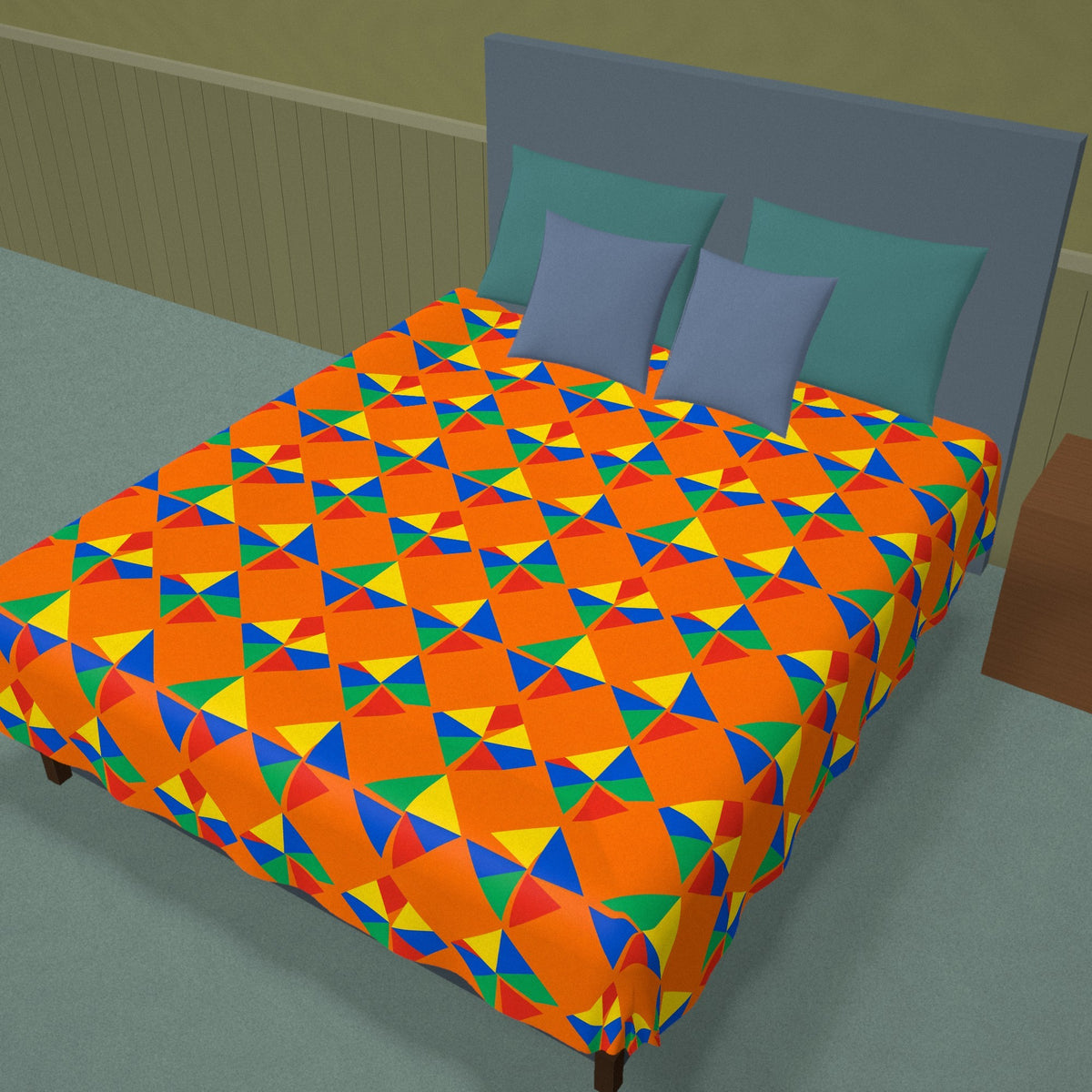 Stacked Cubist Prisms Cotton Duvet Cover on a made bed