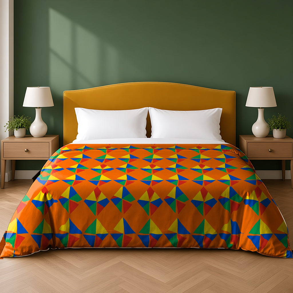 Stacked Cubist Prisms cotton duvet cover in the Cubist Carnival palette, on a bed with a mustard headboard against a forest-green wall