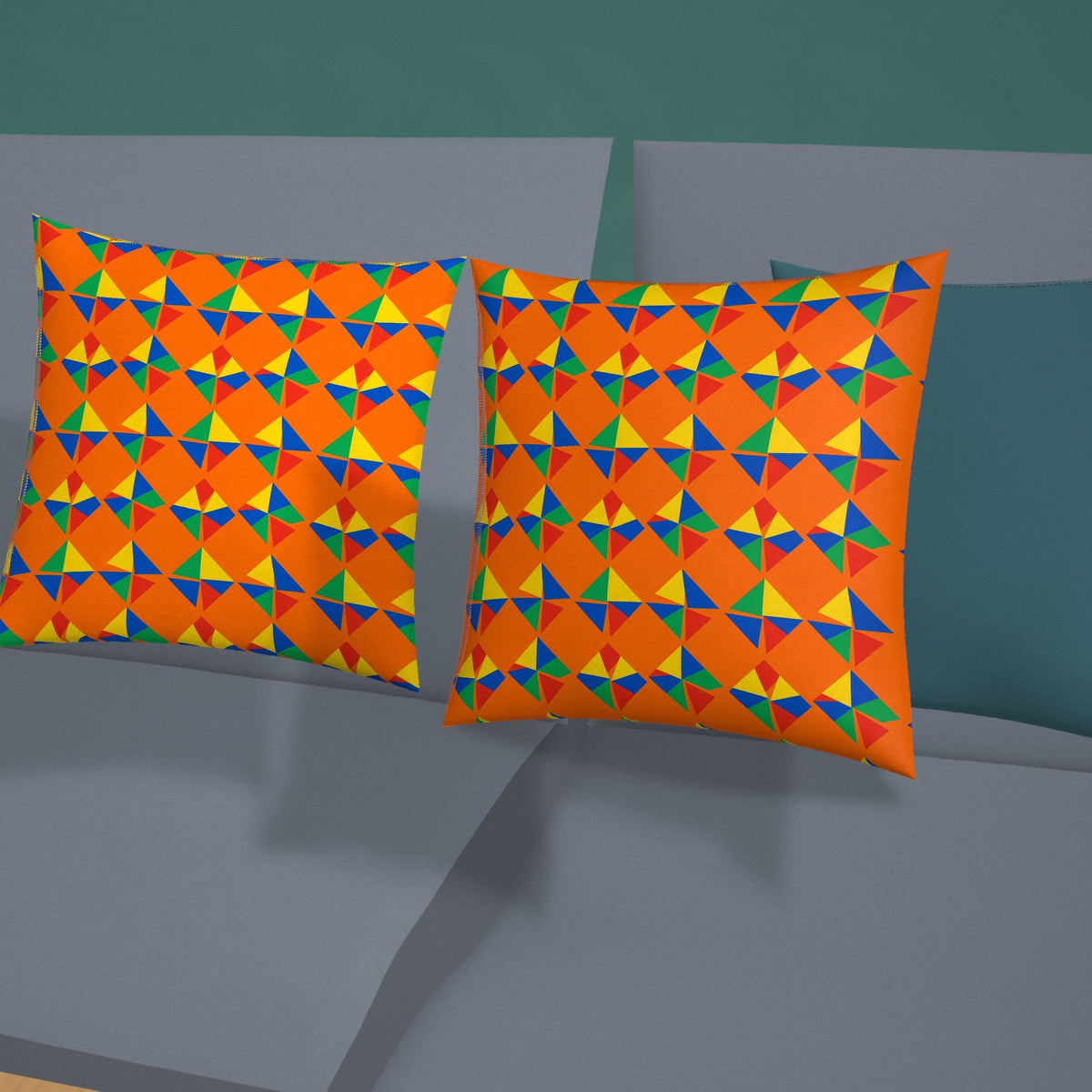 Stacked Cubist Prisms Faux Suede Cushion styled on a sofa
