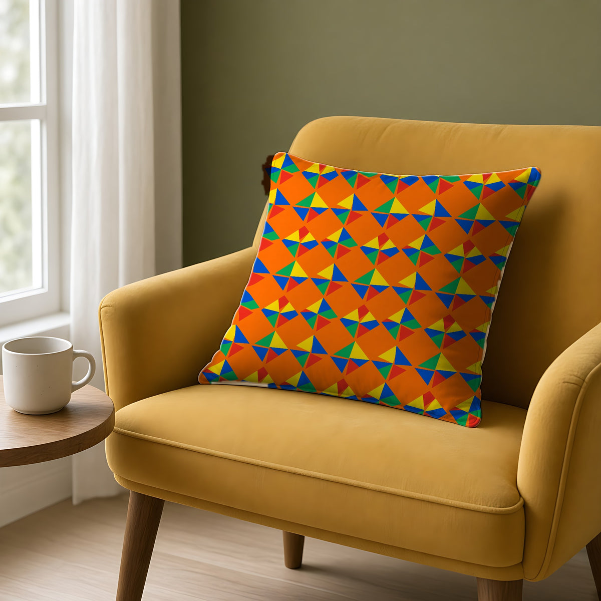 Stacked Cubist Prisms Faux Suede Cushion on a mustard armchair by a window