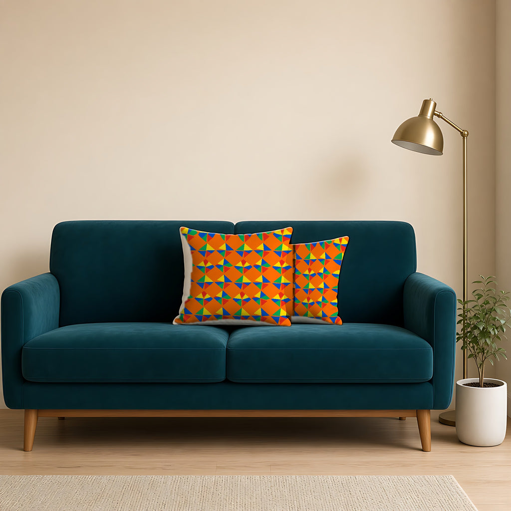 Stacked Cubist Prisms Faux Suede Cushion on a teal velvet sofa