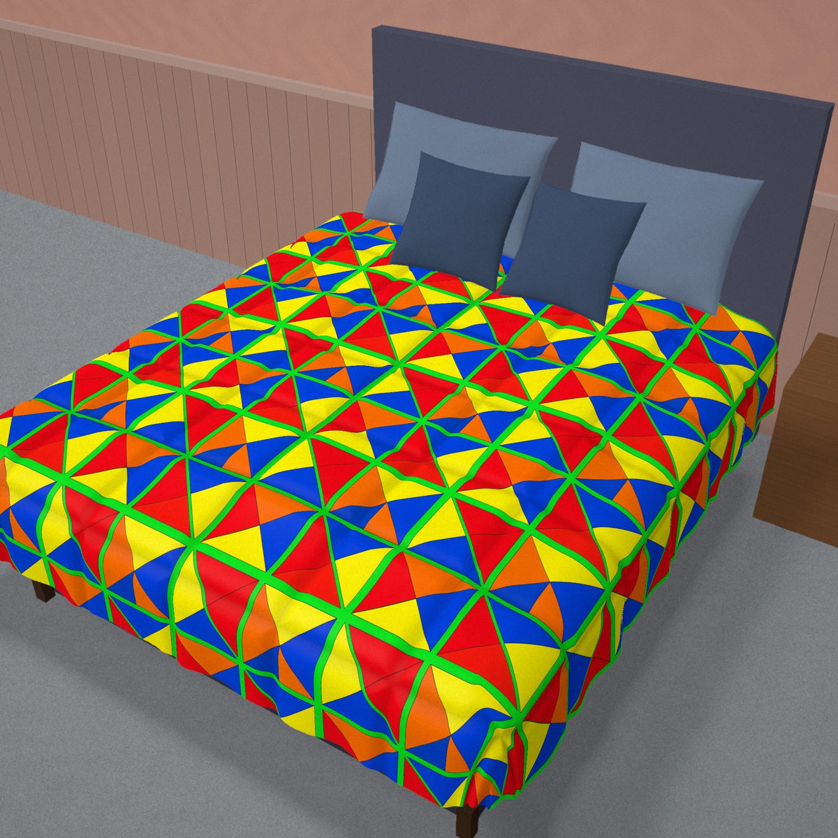 Split Square Fiesta Comforter on a made bed