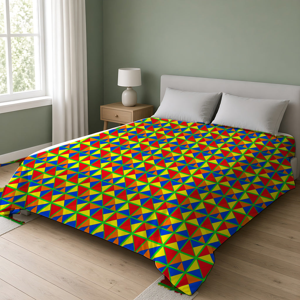 Split Square Fiesta Comforter on a double bed in a bright sage-green bedroom