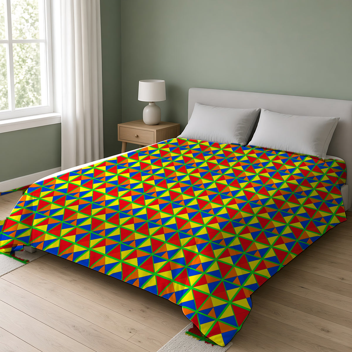 Split Square Fiesta Cotton Duvet Cover on a double bed in a bright sage-green bedroom